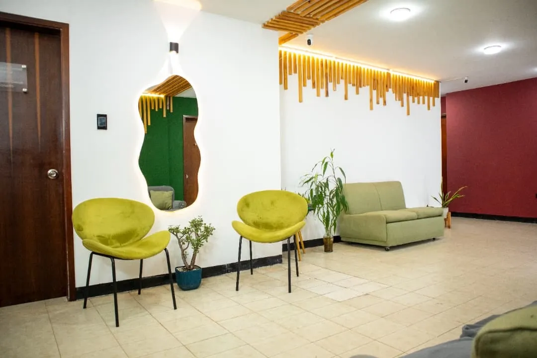 Sala de espera con dos sillas verdes, un espejo iluminado de forma orgánica y plantas.