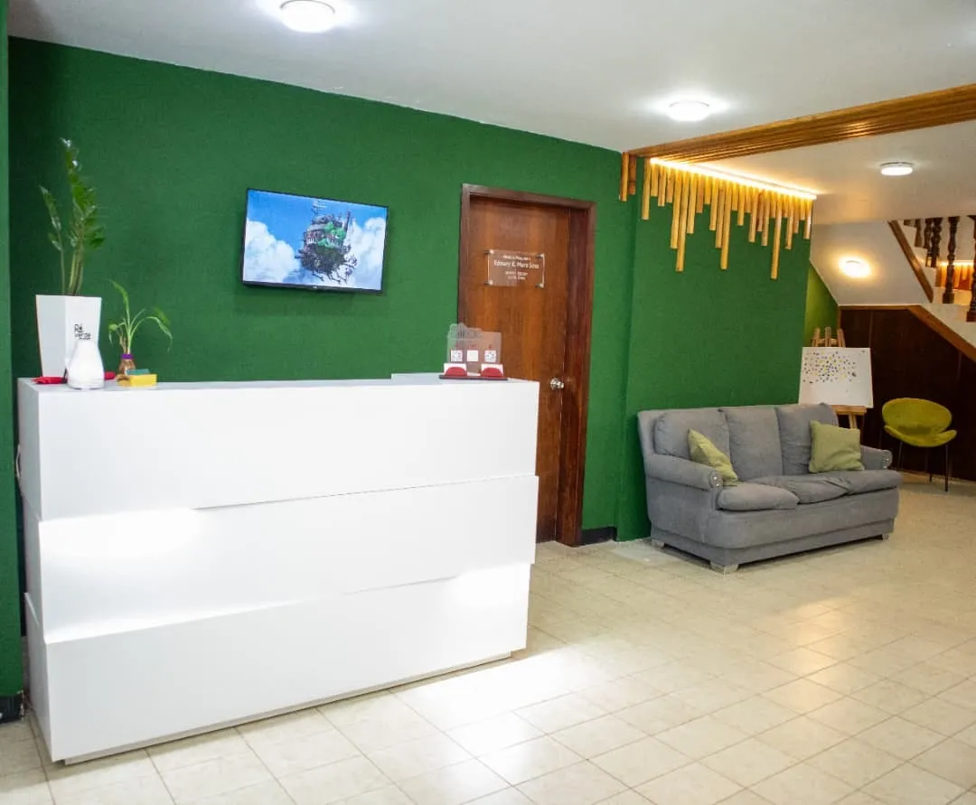 La recepción de Oikos: un mostrador blanco frente a una pared verde, con plantas y una puerta de madera.